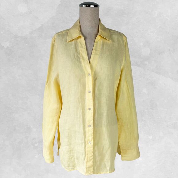 Talbots Pure Irish Linen Yellow Collared V Neck Long Sleeve Blouse - Women's 14 - Picture 2 of 8